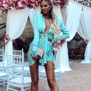 House of CB Pascale draped mini dress. Size Large. Auqa